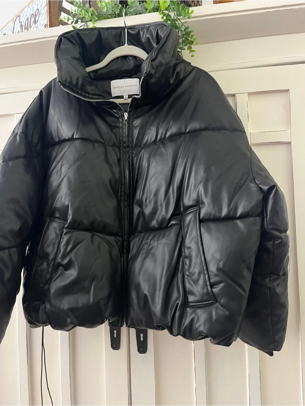 Rebecca Minkoff Women’s Black Faux-Leather Puffer Jacket Nice NWOT XL